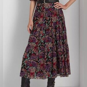 Lauren Ralph Lauren Georgette Maxi Skirt Floral Womens 4 Tiered Boho Lined Green